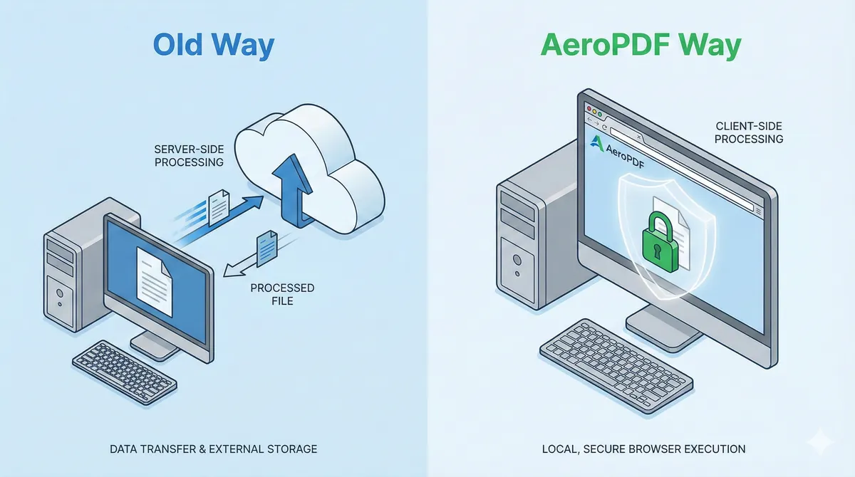 Diagram showing difference between client-side and server-side PDF processing