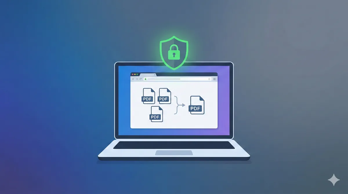 Secure client-side PDF merger interface on a laptop